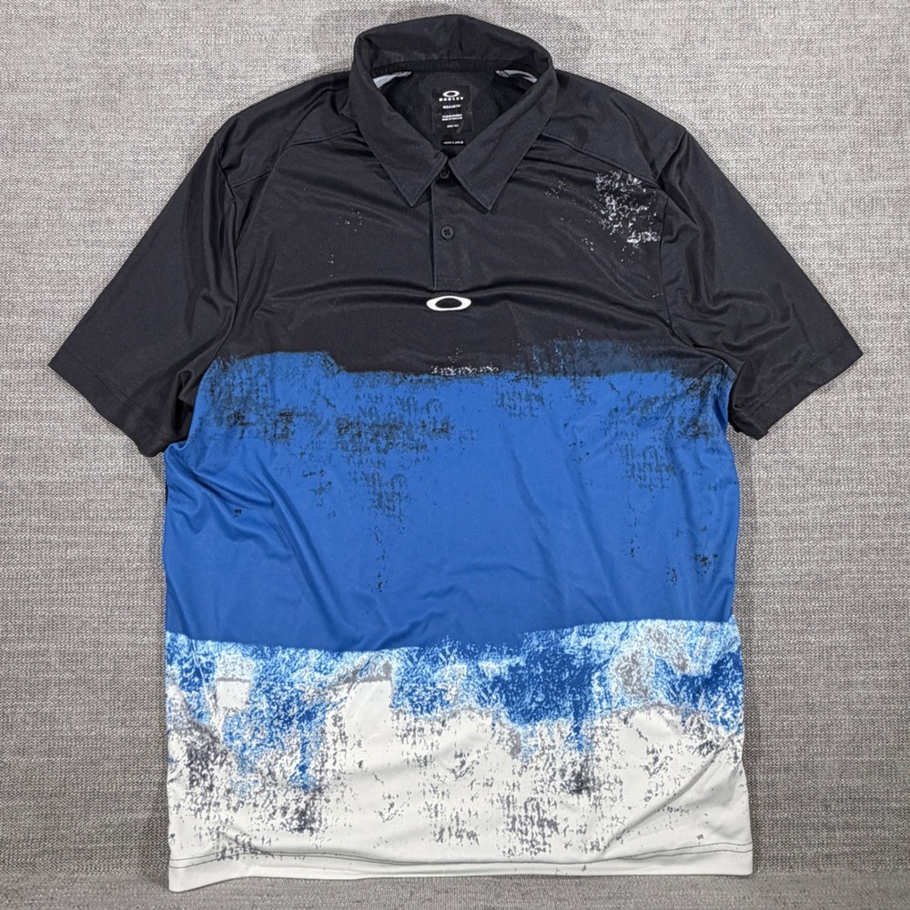 Oakley Polo Shirt Mens Small Black Blue Excellent Colorblock Abstract Graphic